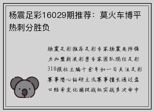 杨震足彩16029期推荐：莫火车博平 热刺分胜负