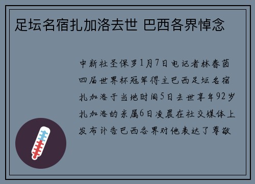 足坛名宿扎加洛去世 巴西各界悼念
